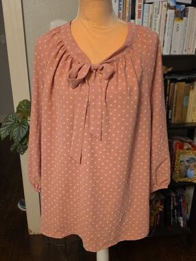 Olivia & Martin 3X Dusty Rose Polka Dot Bow Tie Neck Tunic Blouse